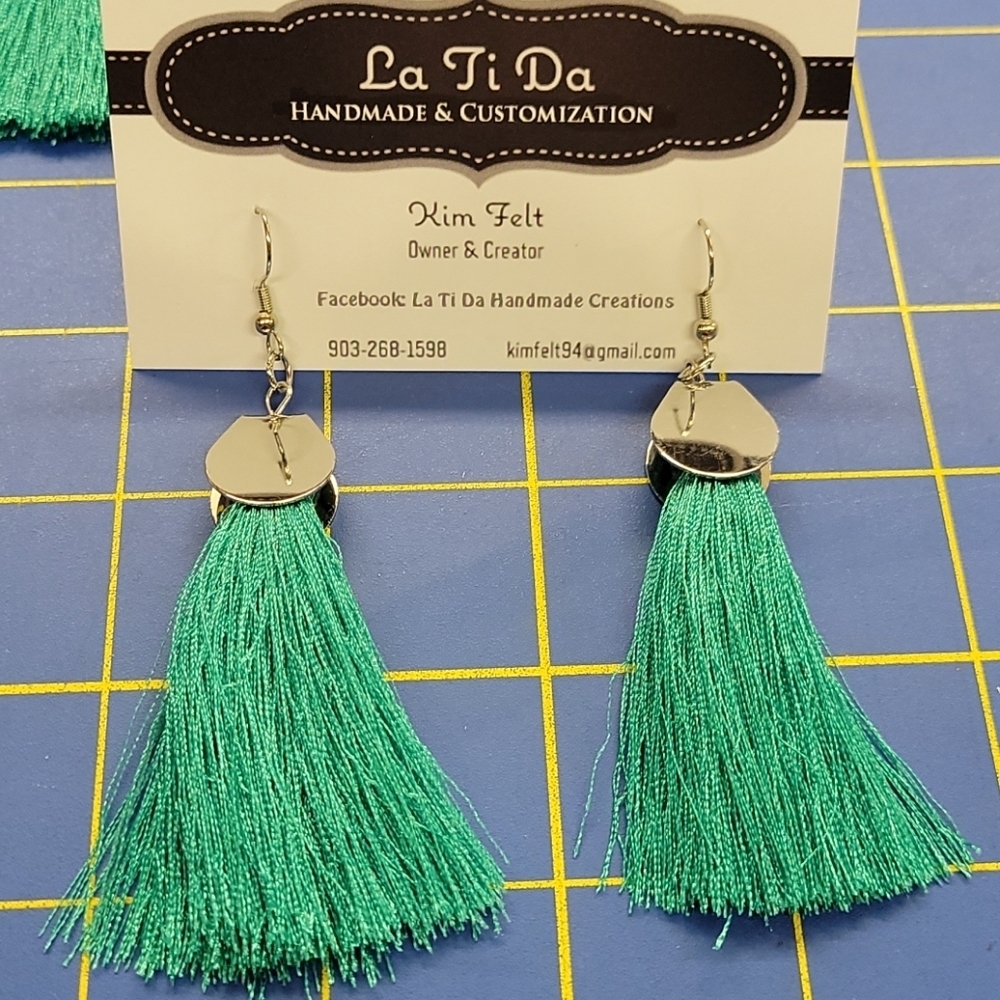 Handmade Earrings 2.5" Teal Tassell Thready